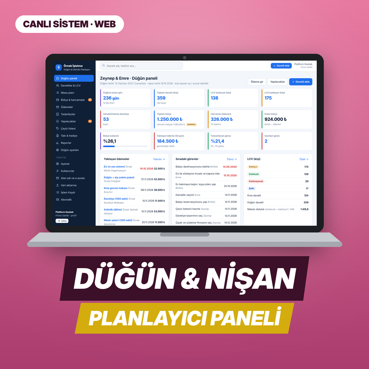 Düğün & Etkinlik Planlayıcı — Web Paneli