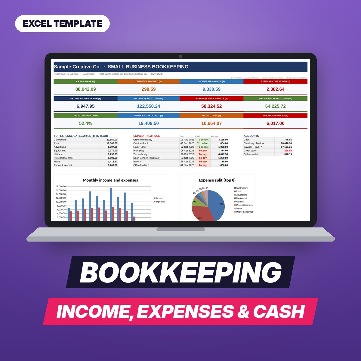 Small Business Bookkeeping – Income, Expenses, P&L and Cash Flow Spreadsheet