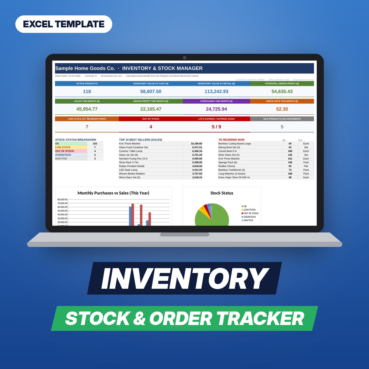 Inventory Manager – Stock & Reorder Tracker Spreadsheet for Small Business