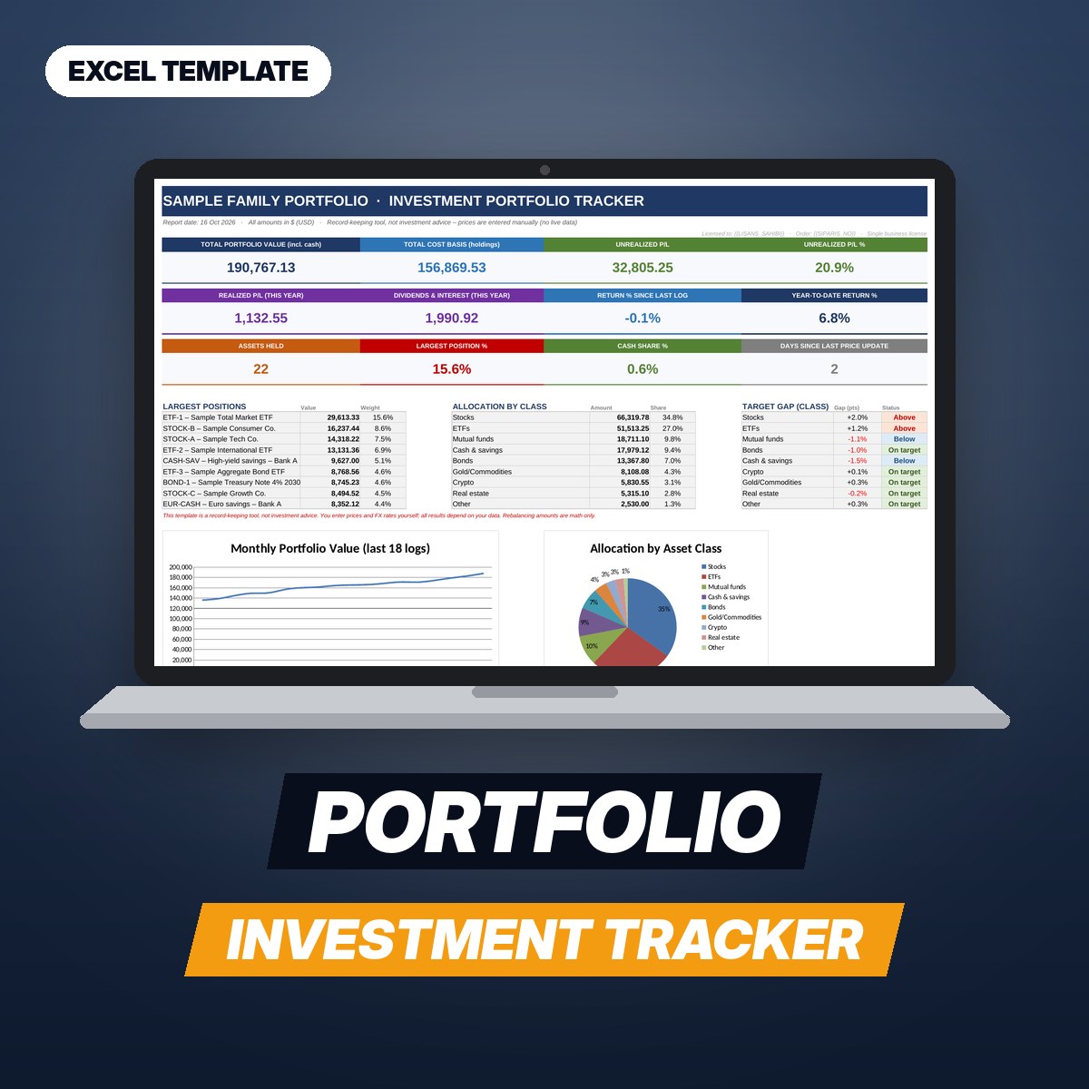Investment Portfolio Tracker – Stocks, Funds, Crypto & Savings Spreadsheet