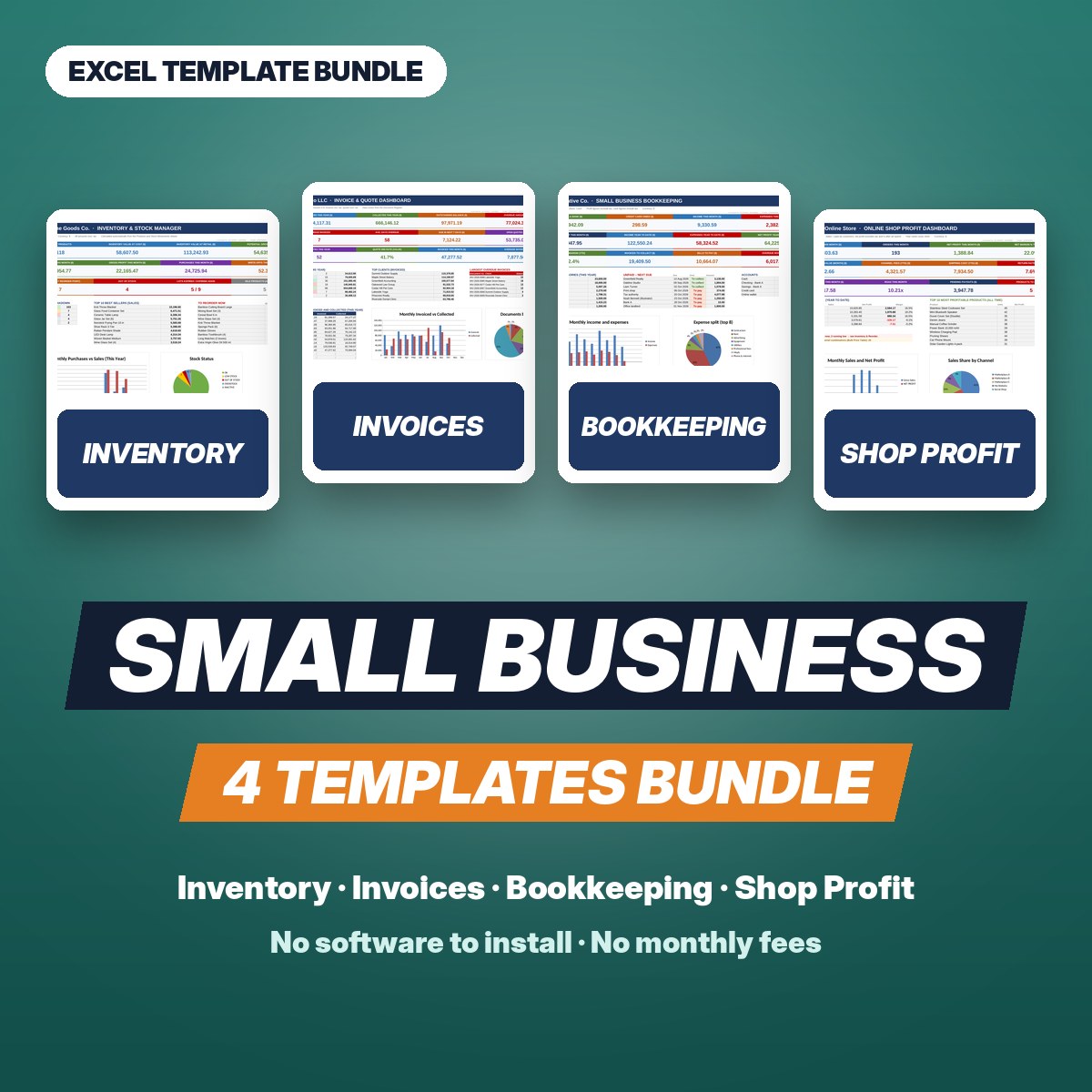 Small Business Bundle – 4 Excel Templates (Inventory, Invoices, Bookkeeping, Shop Profit)