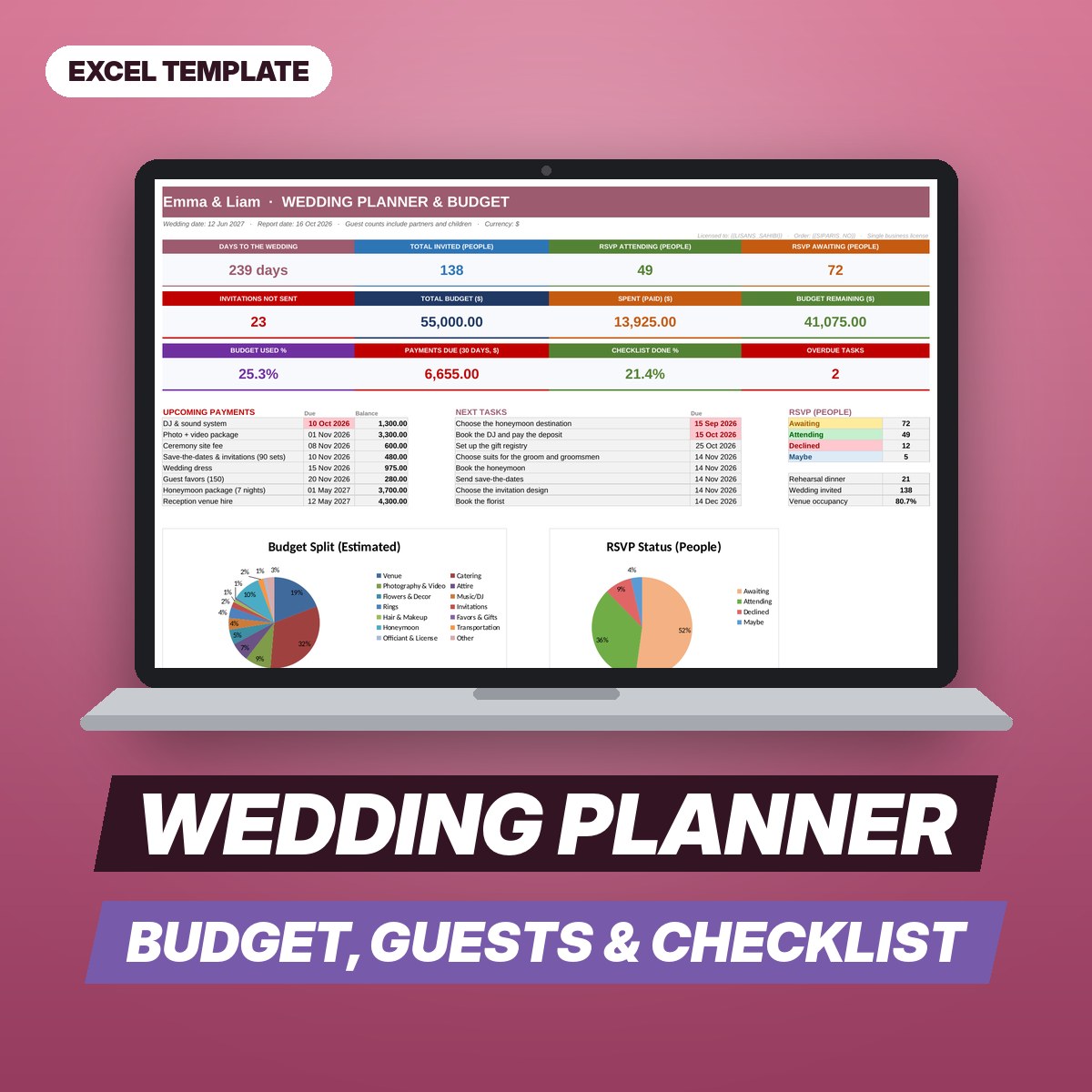 Wedding Planner & Budget – Guest List, Seating, Vendors and Checklist Spreadsheet